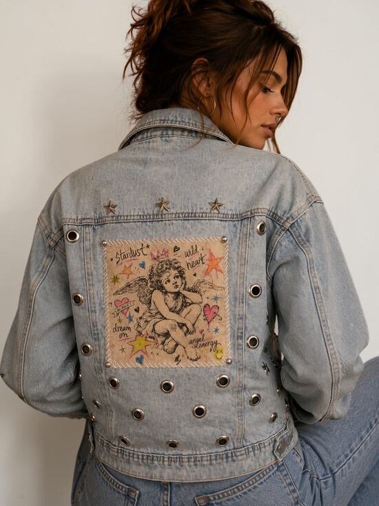 Upcycled Jackets & Blazers - Upcycled Denim Jacket M Angel Cherub Grommet Stud Celestial Punk Boho Retro Blue